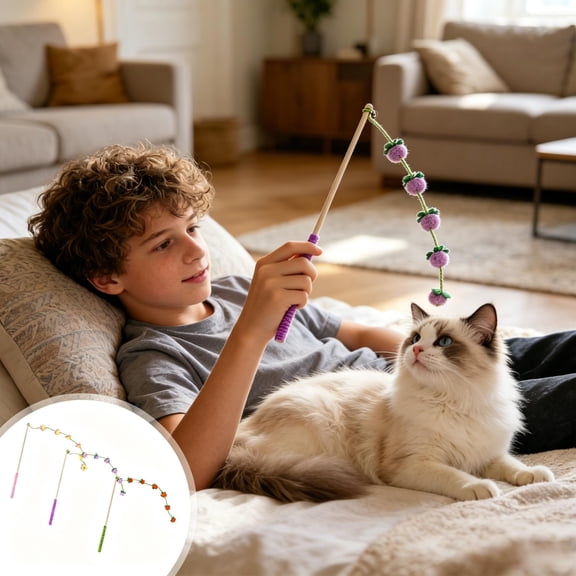Natural Wood Handle Cat Wand Toy, Elastic String Yarn Grape Teaser Stick, Durable Interactive Fishing Pole Exercise Toy for Indoor Kittens Adult Cats Relieve Boredom Release Extra Energy, Green