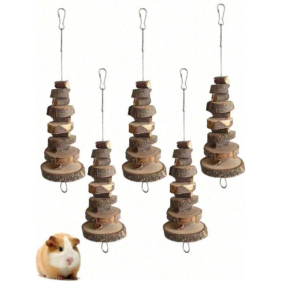Natural Wood Hanging Chew Toy For Small Animals, Multicolor Stack Design, 5 Pack