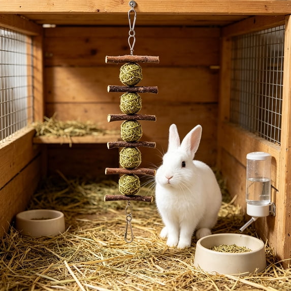 Natural Wood Hanging Rabbit Chew Toy with Grass Balls, Cage Suspended Teeth Grinding Toy, Boredom Relief Interactive Play Toy for Hamsters Chinchillas Guinea Pigs Small Rodent Pets Oral Care Supplies