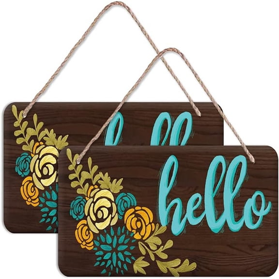 Natural Wood Hanging Wall Decorations with Jute Twine Rectangle with Word Hello Colorful Flower Pattern 150x300x5mm