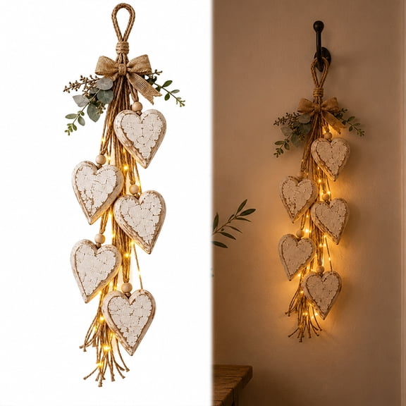 Natural Wood Heart Hanging Decor, Lighted Stacked Farmhouse Wall Ornament with Jute Rope, 5 Distressed Hearts, 22.8 Inch, Assembled Door Decor, Warm Glow