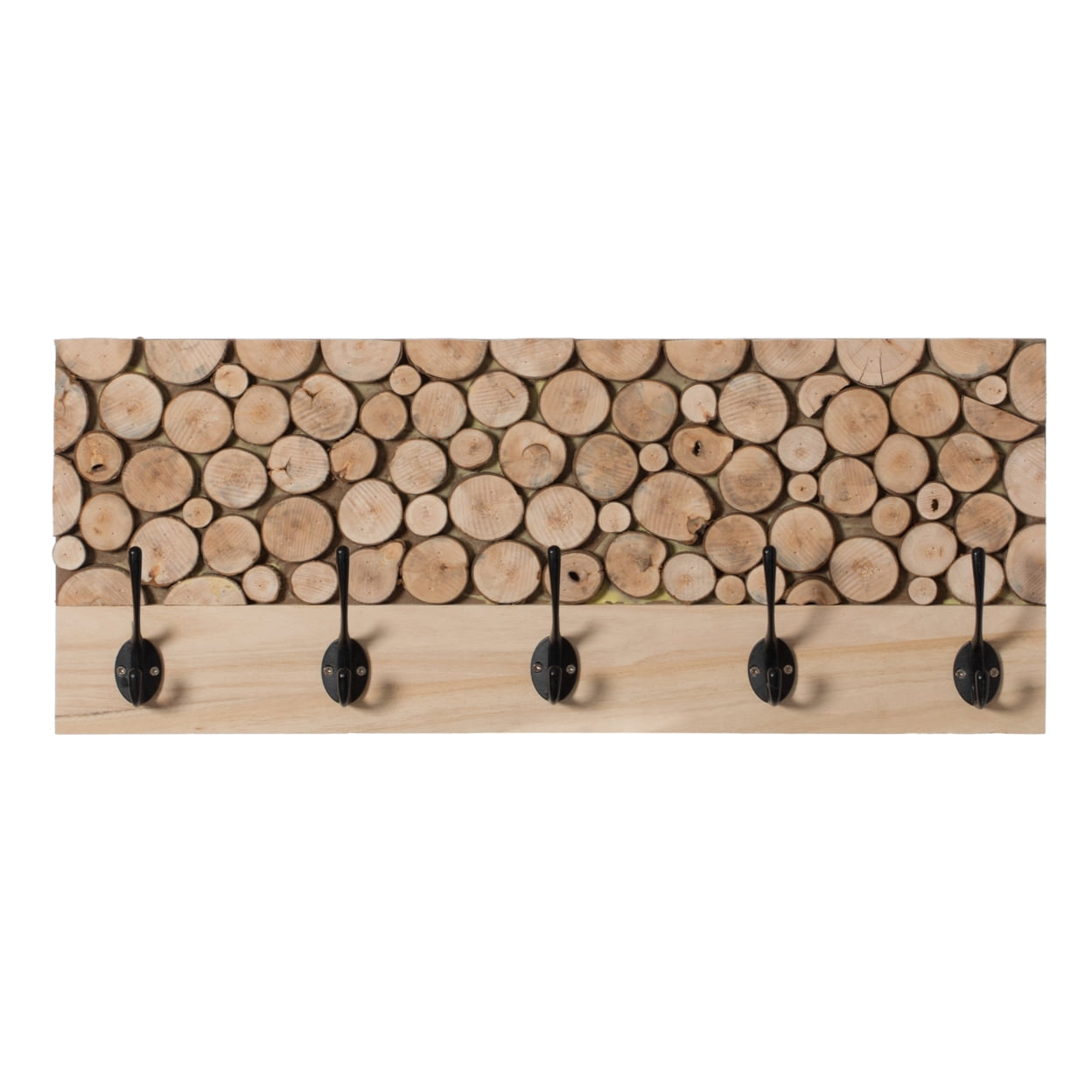 Natural Wood Rustic Hook Rack with Five Black Hooks