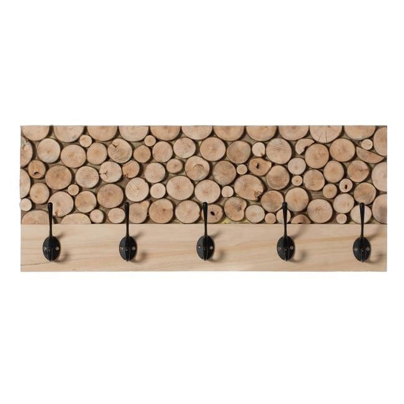 Natural Wood Rustic Hook Rack with Five Black Hooks