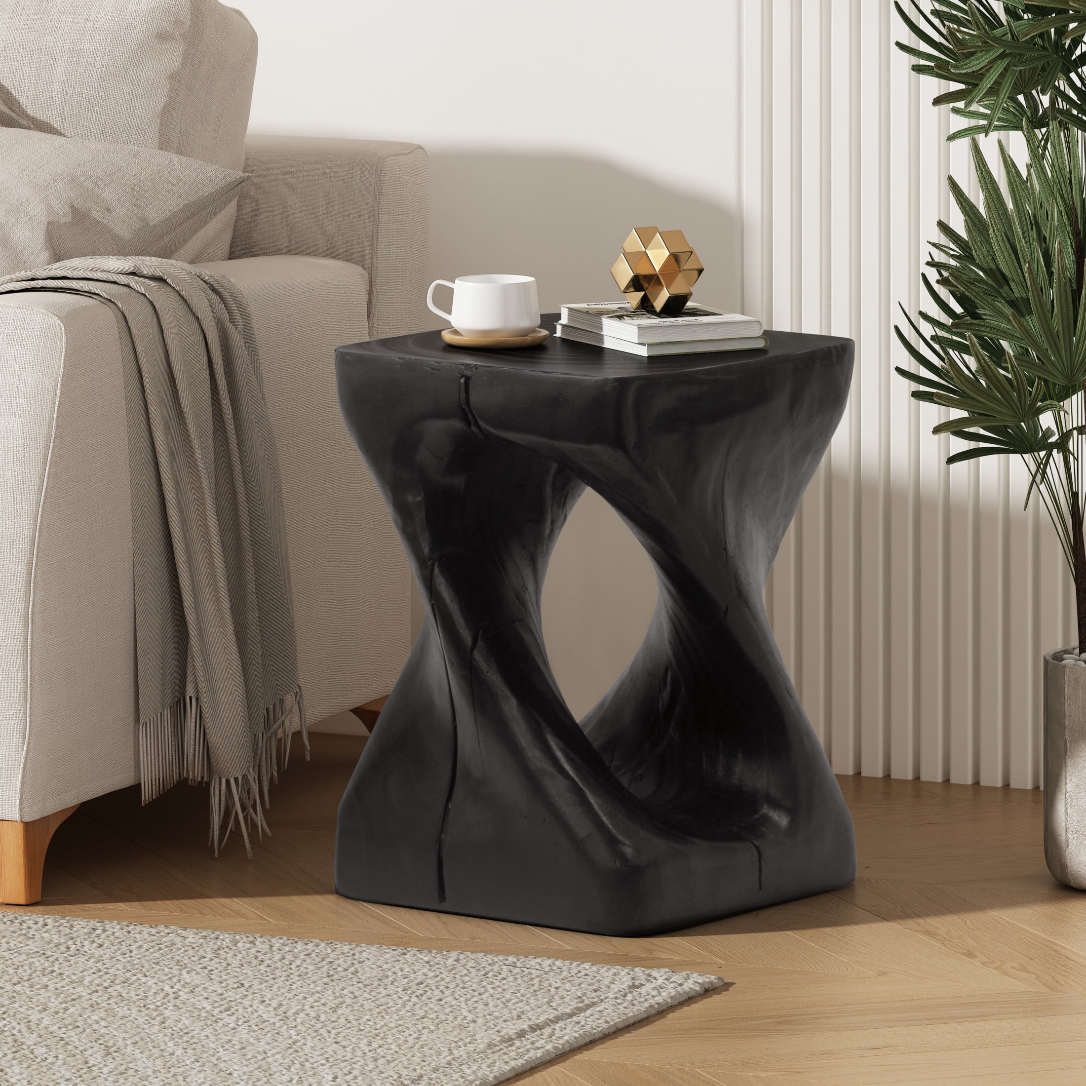 Christopher Knight Home 16" Natural Wood Twist Shape Design MGO Outdoor Side Table, Black