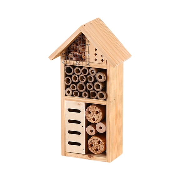 Natural Wood Insect Hotel Hanging Pollinator House With Bamboo Nesting Tubes For Butterflies Ladybugs Bees Garden Balcony Farmhouse Yard Decoration, For All Season Use