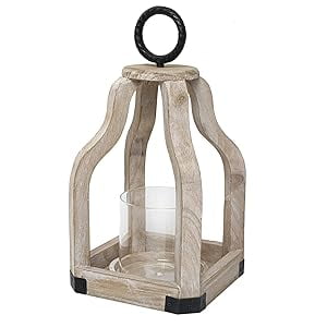 Natural Wood & Iron Lantern, 13.4" Vintage Candle Holder