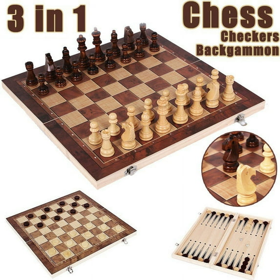 Natural Wood Lacquer 3-in-1 Foldable Chess Set Multi-function Black and White Chess