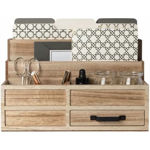| Natural Wood Mail Organizer with Drawer & Pen Holder | Rustic Desk Organizer for Bills, Letters & Countertop Storage | Wooden Desktop Mail Sorter for Home & Kitchen
