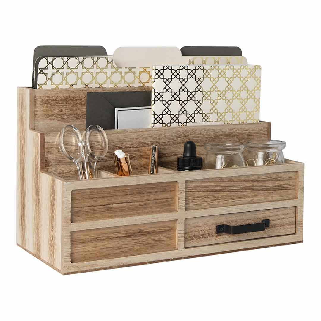 Natural Wood Mail Organizer with Pen Holder and Drawer