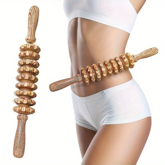 Natural Wood Massage Roller Stick, Handheld Back Muscle Relaxer, Acupoint Trigger Point Myofascial Release Tool for Body