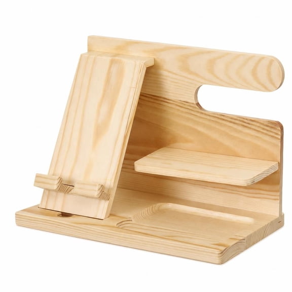 Natural Wood Nightstand Valet Stand with Phone Charging Dock, Bedside Storage Organizer for Watch, Wallet, Keys and EDC