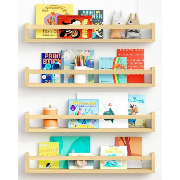 Natural Wood Nursery Bookshelves for Wall, 24 Inches Long Floating Book Shelves, Wall Mounted Bookcase for Baby Teen Girl Boy Kids Room Bedroom, Playroom Organizer, Bathroom Decor (4-Pack)