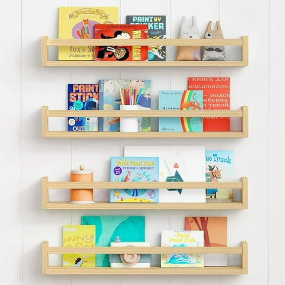 Natural Wood Nursery Bookshelves for Wall, 24 Inches Long Floating Book Shelves, Wall Mounted Bookcase for Teen Girl Boy Kids Room Bedroom, Playroom Organizer, Bathroom Dr (4-Pack)