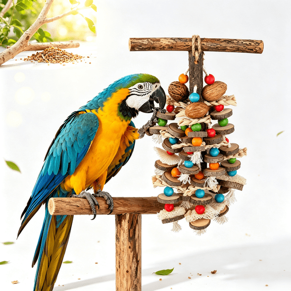 Natural Wood Parrot Chewing Toy, Hanging Bird Toy for Macaw Cockatoo African Grey, Relieve Anxiety & Keep Beak Healthy