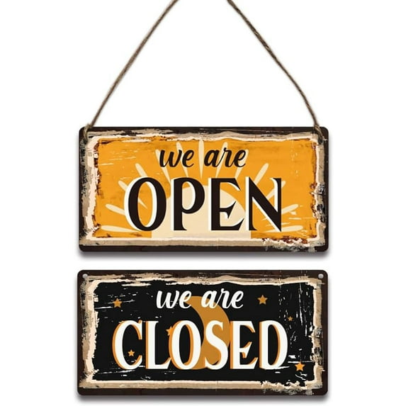 Natural Wood Open and Closed Business Signs Black Rectangle Double Sided Open Sign with Jute Twine for Coffee Bar Shop Door Window