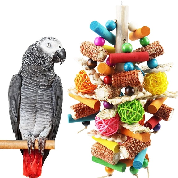 Natural Wood Parrot Chew Toys - Peppered Wood Hanging Toys for African Greys, Macaws & Cockatoos