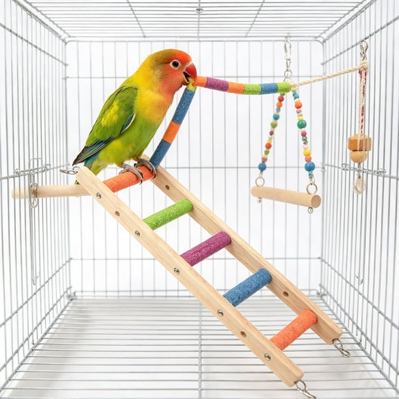 Natural Wood Parrot Ladder for Small Birds, Cotton Rope Wrapped Non Slip Steps with Bell, Hanging Cage Accessory for Exercise Climbing Teething