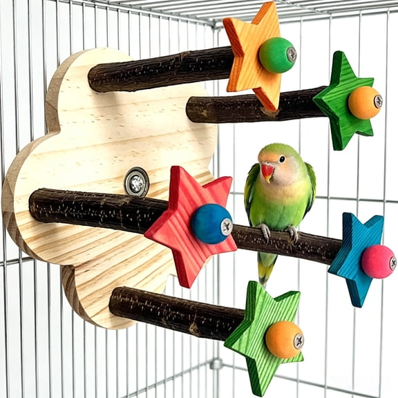 Natural Wood Parrot Perch with Star Pegs Interactive Bird Cage Stand Bird Chewing Toy Multi-Level Perch for Small Medium Parrots Conures and Parakeets