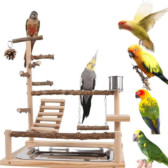 Natural Wood Parrot Playground with Feeder Cups for Small Birds -  Assembly Required