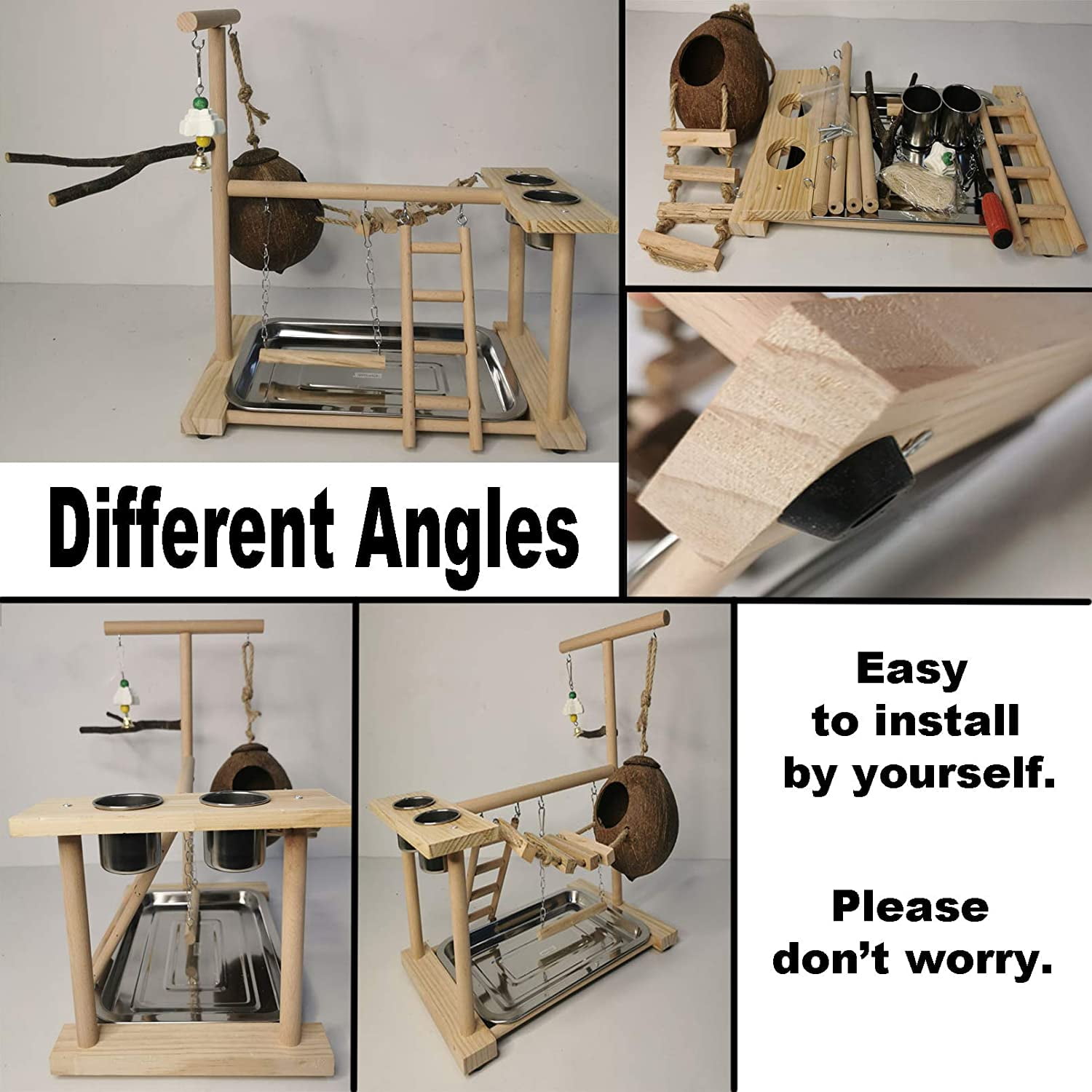Picture of Natural Wood Parrot Stand with Swing Ladder & Feeder Cups for Birds ...