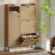 Natural Wood Rattan Shoe Cabinet with 3 Turn over-Top Drawers   Narrow Freestanding Entryway Organizer   Adjustable Shelves, Metal Knobs, Space-Saving Rack for Hallway, Bedroom   Natural Wood