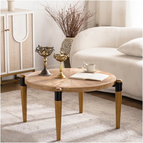 Natural Wood Round Coffee Table, Farmhouse Modern Solid Wood Cocktail Table for Living Room Home Office