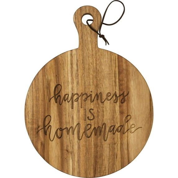 Natural Wood Round Cutting Board including Leather Hanger, Engraved With Sentimental Phrase-Happiness Is Homemade, Perfect For Any Kitchen For Cutting, Slicing, Chopping Food-Primitives By Kathy