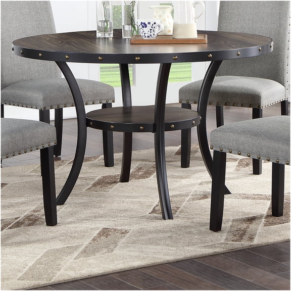 Natural Wood Round Dining Table with Storage Shelf, Rubber Wood Kitchen Table for Small Spaces, Nail Head Trim Accent