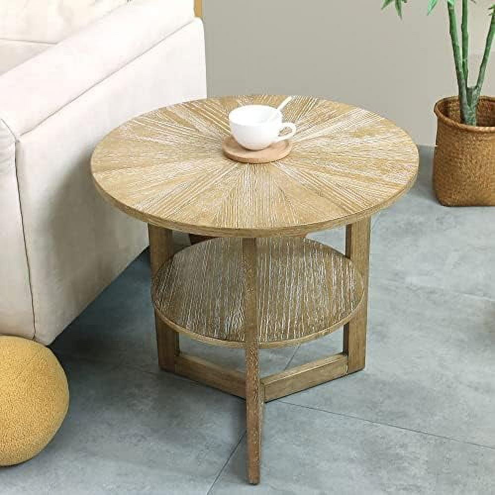 Natural Wood Round End Table Wooden with Solid Wood Bedside Table in ...