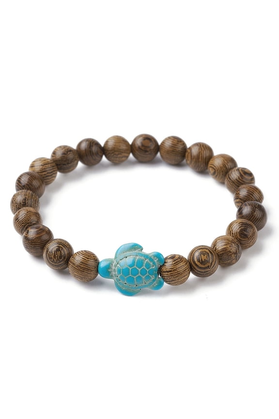 Natural Wood Round Turquoise Turtle Beaded Stretch Bracelet for Women Inner Diameter: 2-1/8 inch(5.5cm)