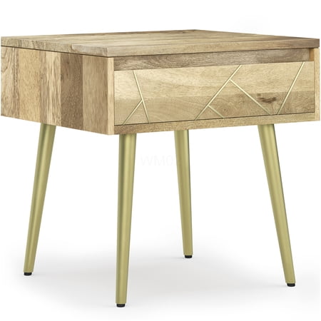Natural Wood Side Table with Soft Close Drawer, Light Brown End Table for Living Room, Bedroom