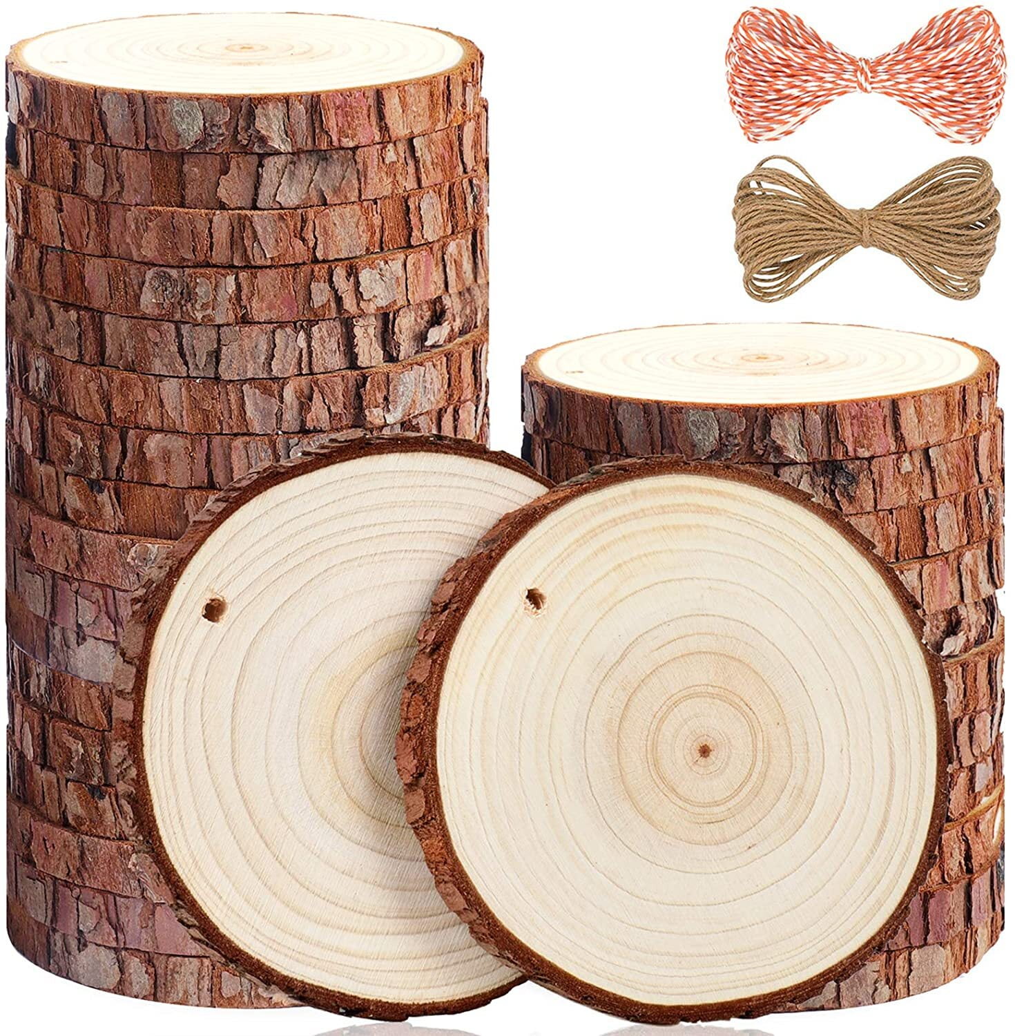 Natural Wood Slices 30 Pcs 3.5-4 inch Craft Unfinished Wood Kit Predrilled  with Hole Wooden Circles Wood Rounds for Arts Wood Slices Christmas