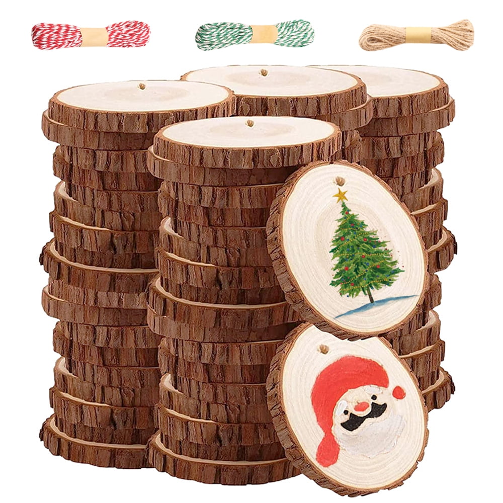 SAYLITA 50 Pcs DIY Wooden Christmas Ornaments Unfinished Predrilled Wood  Slices Circles 5 Styles DIY Christmas Ornaments Kit with 50 Strings for
