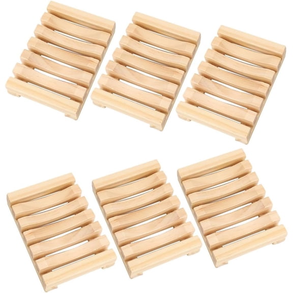 Natural Wood Soap Dish Holder 6 Pack with Self Draining Slats, Bar Soap Saver Tray for Shower