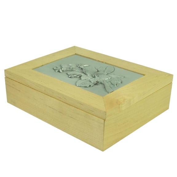 Natural Wood Storage Photo Picture Jewelry Box Cast Metal Pewter Flower Dcor