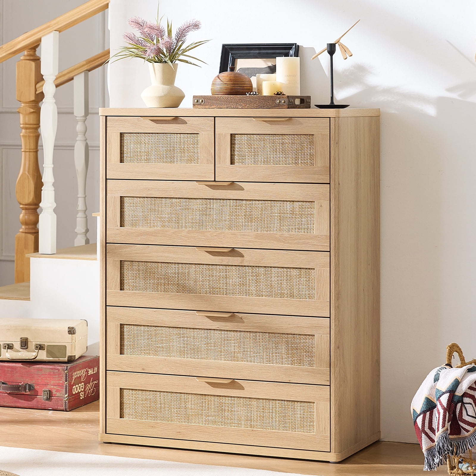 beach wood dresser Natural Texture for Bedroom, 41 inch Tall Chest of Drawers, 6 Drawers Boho Rattan Dressers with Storage, Dresser Closet Organizer for Ball Gowns Simple A-Line Natural Court Dimension:34.5x22.5x12.5 decorative foil finish