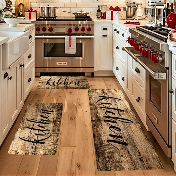 Natural Wood Texture Minimalist Handwritten KITCHEN Letter Sponge Floor Mat, Easy Care Sponge Rug, Multi Indoor Scene Decor, Christmas Gift For Housewives