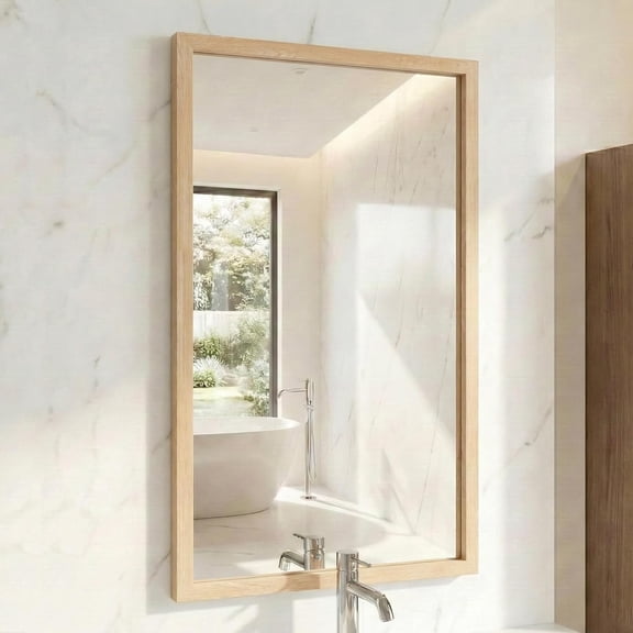 Natural Wood Tone Wall Mirror for Over Sink, Lightweight Boho Bathroom Vanity Mirror, Scandi Faux Wood Texture Decor Mirror for Entryway, Vertical/Horizontal