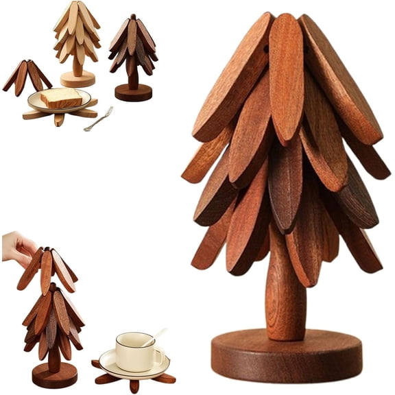 Natural Wood Tree Trivet Set, Christmas Tree Trivet Set, 4 Wooden Trivets & 1 Stand Like a Christmas Tree, for Hot Dish, Pot, Bowl, Teapot, Hot Pot Set (Dark Brown, 4pcs)