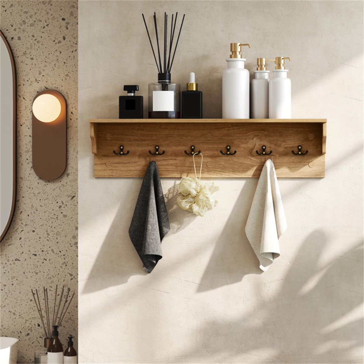 Natural Wood Wall Mount Coat Rack with Shelf 6 Hooks Entryway Organizer Floating Shelf for Keys Hats Bags Towels 110 lb Capacity Mudroom Bathroom Bedroom Storage Space Saving 31.5In Rustic Home Decor