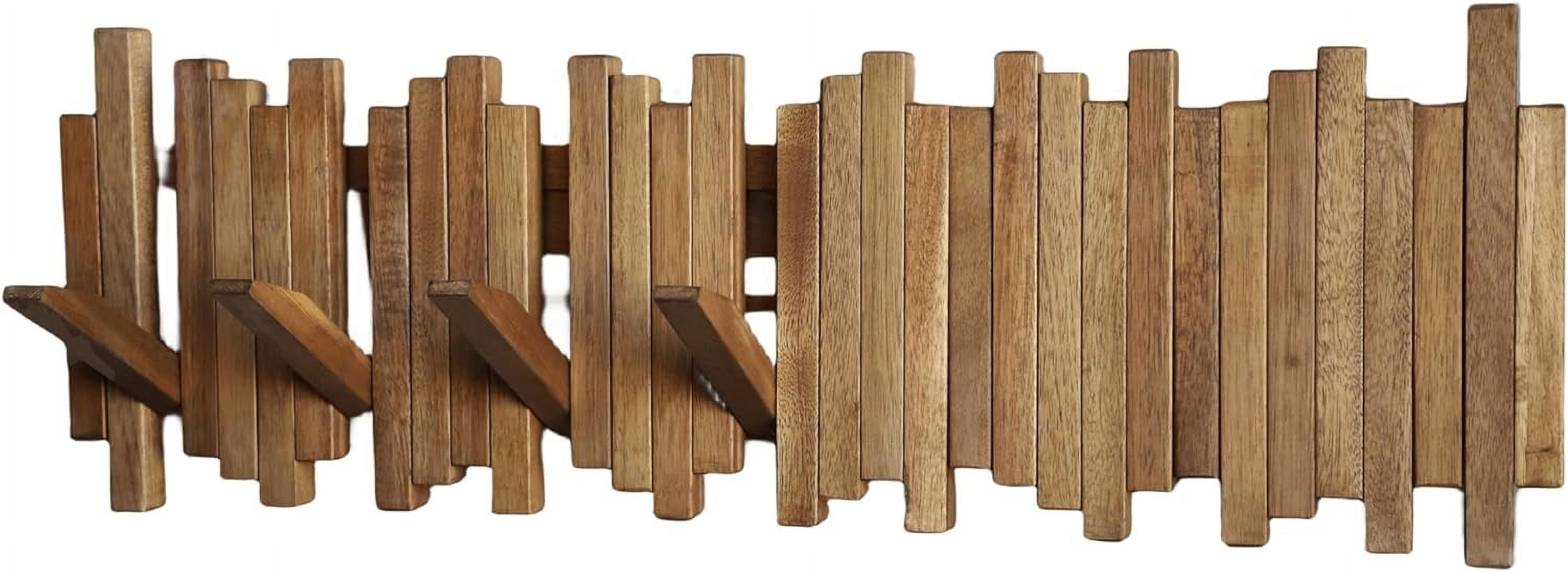 Natural Acacia Wood Wall Mounted Coat Rack with 7 Flip Down Hooks