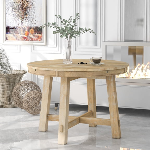 Natural Wood Wash Dining Table - Seats 6 Comfortably Round Extendable In Wash. Constructed With Solid Wood, , Rubber Wood. 6. Adjustable 42" To 58" 16" Leaf
