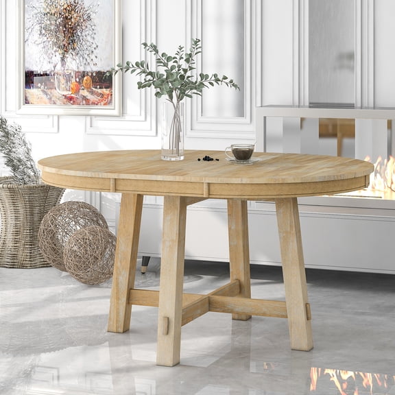 Natural Wood Wash Round Dining Table With Extendable Design. Solid Wood, , Rubber Wood. Holds 6. Adjustable 42" - 58" 16" Leaf Style Fits Any