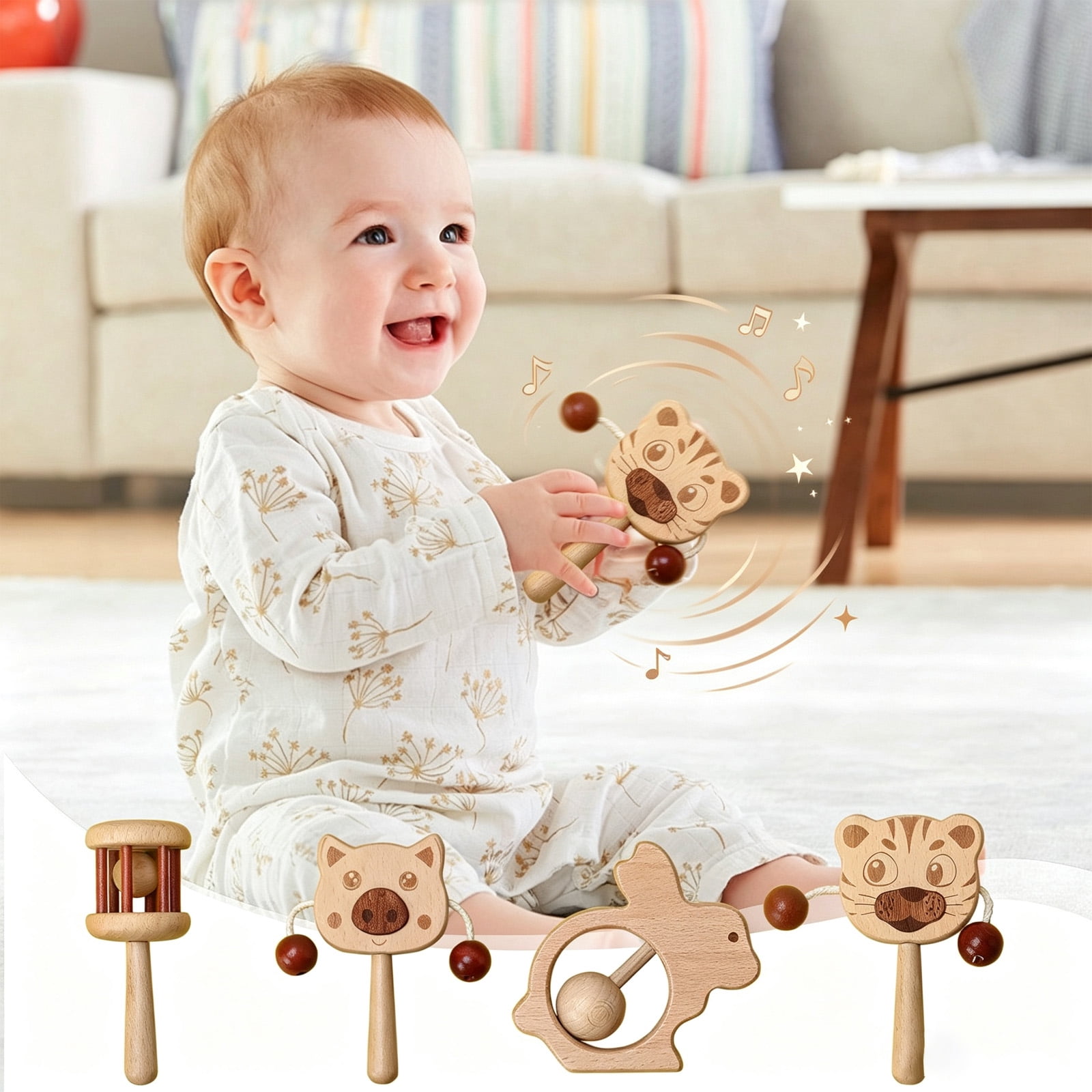Natural Wooden Baby Rattle Toy, Handheld Sensory Shaker Toy for Infant ...