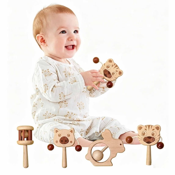 Natural Wooden Baby Rattle Toy for Infants 0-1 Year, Educational Toys Hand Rattles for 0 3 6 9 12 Months Boys Girls, Easy Grip Infant Sensory Shaker Toy, Promote Motor Skills and Sensory Development