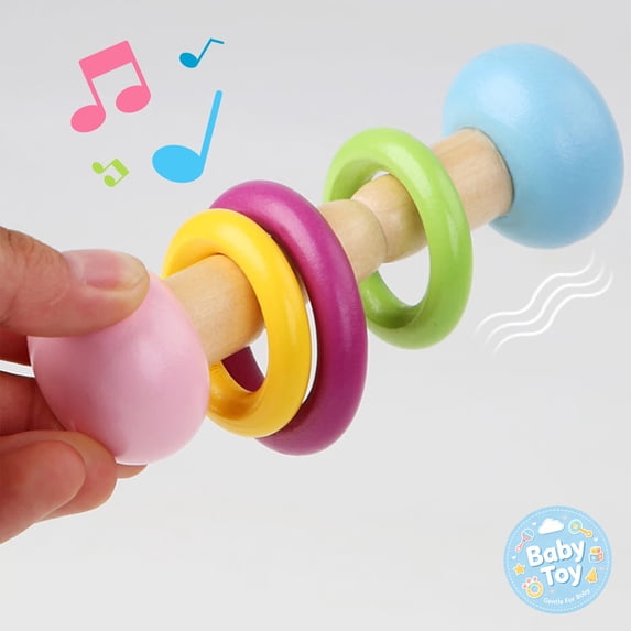 Natural Wooden Baby Rattle Toys, Infant Sensory Teething Toys, Easy Grasp Structure, Non Toxic Paint Finished Wood, Early Educational Hand Shaking Developmental Toys, for Newborn Boy Girl Gifts