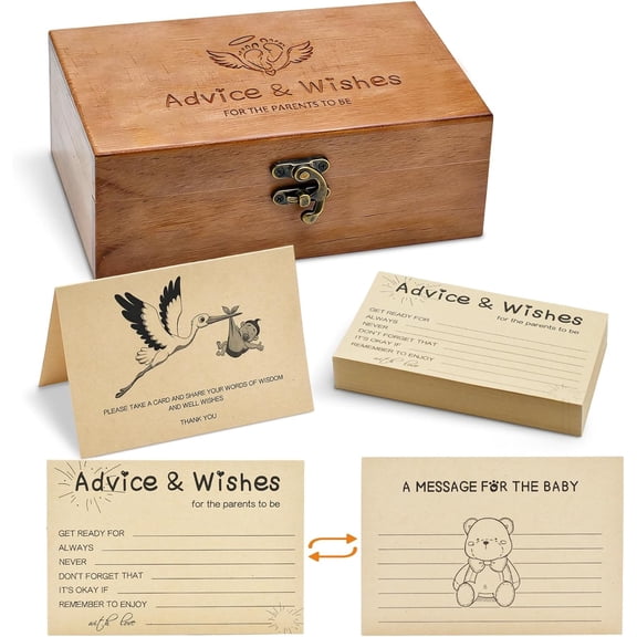 Natural Wooden Baby Shower Keepsake Box with 50 Pcs Advice & Wishes Kraft Cards - Elegant Guest Book Alternative Rustic Time Capsule Memories Box for New Parents, Mom & Dad to Be Gifts (Set)