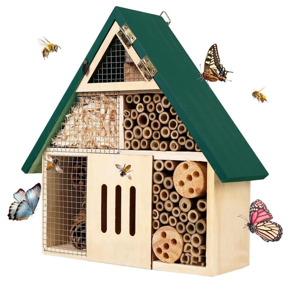 Natural Wooden Bee Hotel Insect Shelter for Garden Yard Balcony Attracts Bees Butterflies Ladybugs