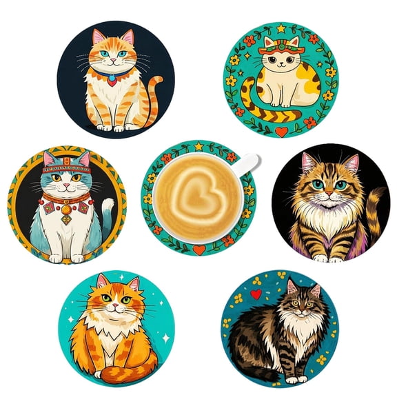 Natural Wooden Cat Coasters Set of 6, Cute Animal-Themed Drink Coasters, Non-Slip & Heat-Resistant Rustic Mats, Fits Most Mugs or Cups, Ideal Gift for Cat Lovers, Christmas, Party, Housewarming