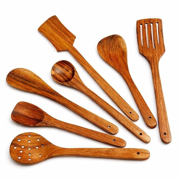 Natural Wooden Cooking Utensils Set 7-Piece Wooden Spoons & Spatula Set (35.56 cm), Smooth Solid Wood, Non-Scratch & Non-Stick Safe Kitchen Cookware Tools